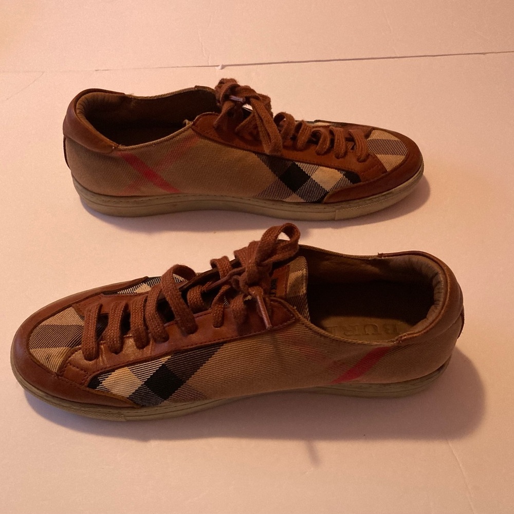 Burberry Brown Tan Check Canvas & Leather Sneakers - Picture 5 of 9